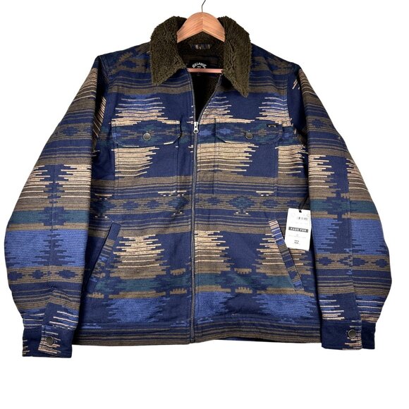 Billabong Barlow Sherpa Mens Jacket Large Aztec Print Blue Tan Southwestern NWT - Picture 2 of 10